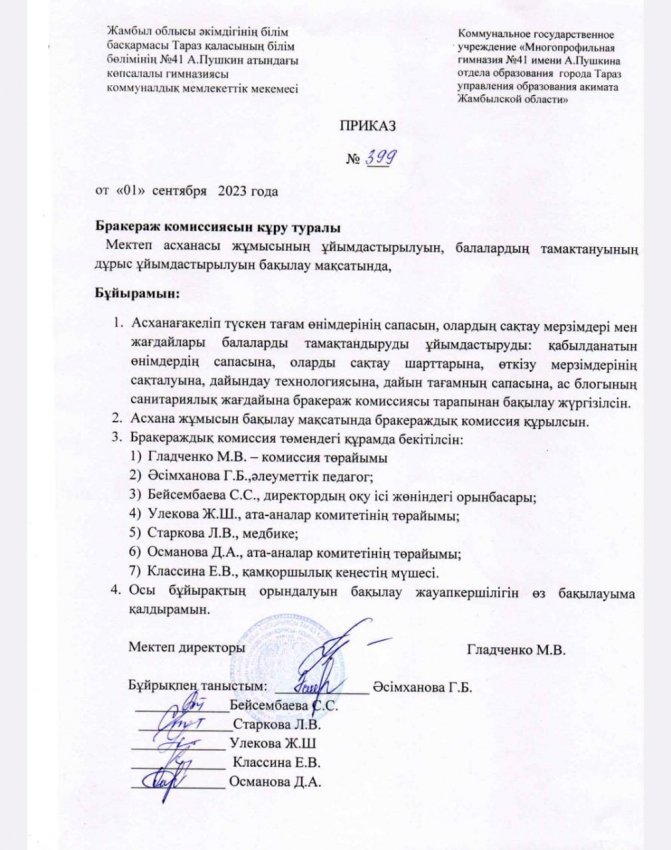 План работы бракеражной комиссии.
